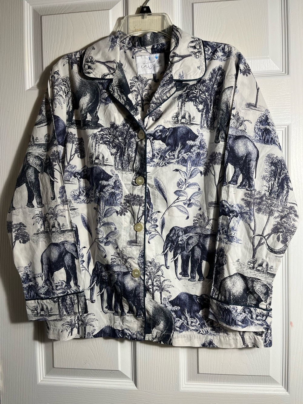 Cats White and Navy Elephant Print Button-Up Pajama M - Picture 3 of 7